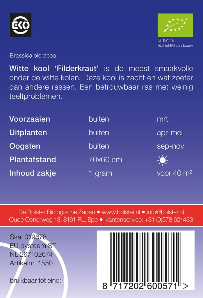 De Bolster Witte kool 'Filderkraut'